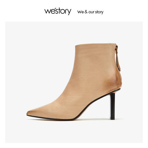 westory真胎牛皮高跟短靴女尖头后拉链2019年冬季新款W29DS80631 商品图2