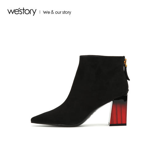 westory2018年冬季新款短靴粗跟绒面尖头靴子女W284S80901 商品图1