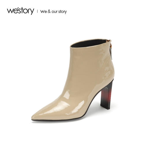 westory2018年尖头皮面短靴高跟粗跟靴子女新款冬靴W284S80921 商品图0