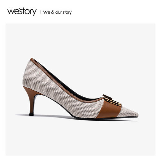 westory2020春季新款时髦撞色尖头扣饰浅口高跟鞋女W20AE51021 商品图4
