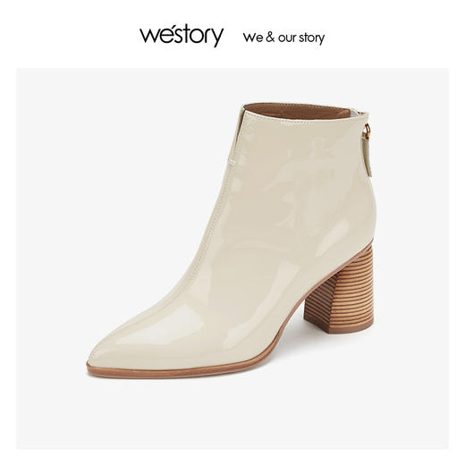 westory漆皮时装真皮短靴女粗高跟尖头 2019年冬季新款W29DS80461 商品图3