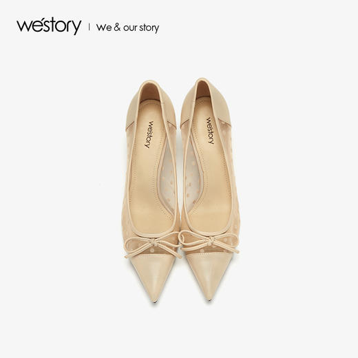 westory2019夏季蕾丝尖头高跟鞋女蝴蝶结细跟波点裸色W29BH60461 商品图2