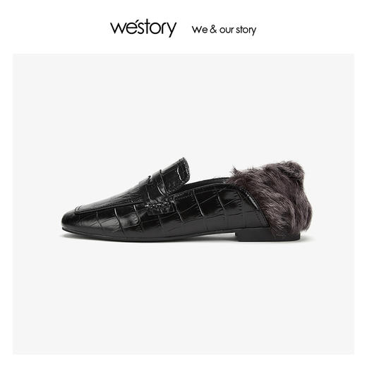 westory毛毛乐福鞋牛皮羊毛气质拼接粗跟 2019冬季新款W29CM70531 商品图2