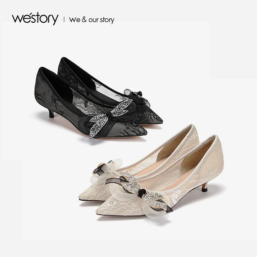 westory2019春夏新款蕾丝尖头女鞋中跟蝴蝶结优雅单鞋W29AE50861 商品图3