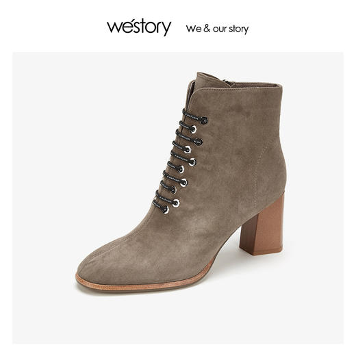 westory绑带时装真皮短靴女高粗跟鞋尖头 2019冬季新品W29DS80581 商品图3