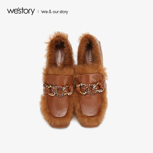 westory2018年冬季新款皮鞋内里加绒粗跟单鞋毛毛鞋女W284M80981 商品图2