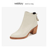 westory粗跟时装后拉链短靴女尖头真皮百搭 2019冬新款W29DS80361 商品缩略图3