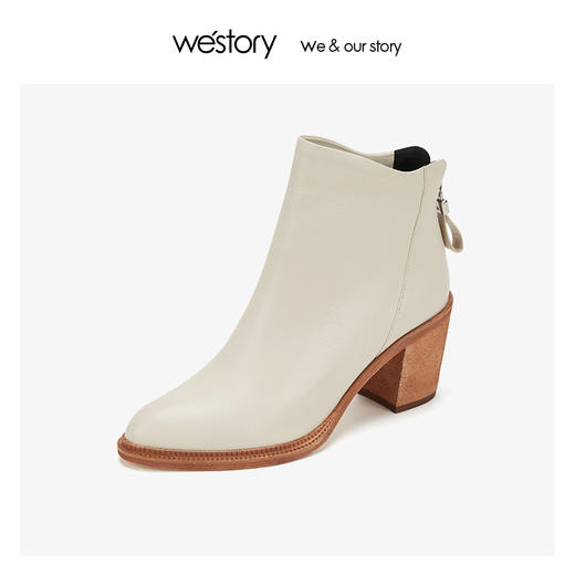 westory粗跟时装后拉链短靴女尖头真皮百搭 2019冬新款W29DS80361 商品图3