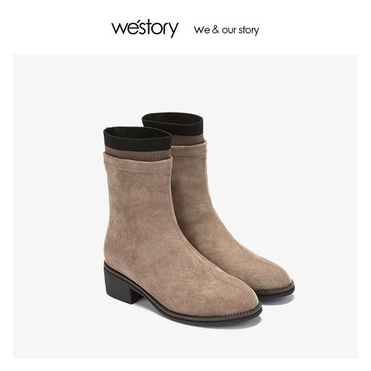 westory切尔西靴2019秋冬粗跟拼接时尚时髦圆头靴子女S29DS80681 商品图1