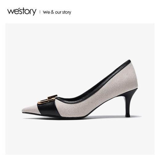 westory2020春季新款时髦撞色尖头扣饰浅口高跟鞋女W20AE51021 商品图3