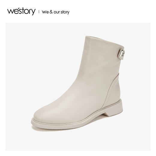 westory真皮短靴女后拉链粗跟圆头鞋2019年冬季新款S29DS80871 商品图0