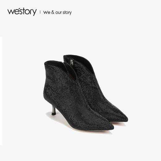 westory2019冬季新款羊皮绒面革仿钻尖头细跟女皮靴W29DS80171 商品图3