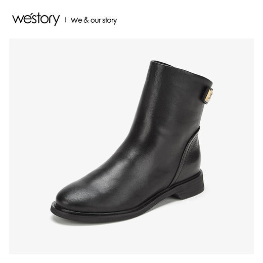 westory真皮短靴女后拉链粗跟圆头鞋2019年冬季新款S29DS80871 商品图3