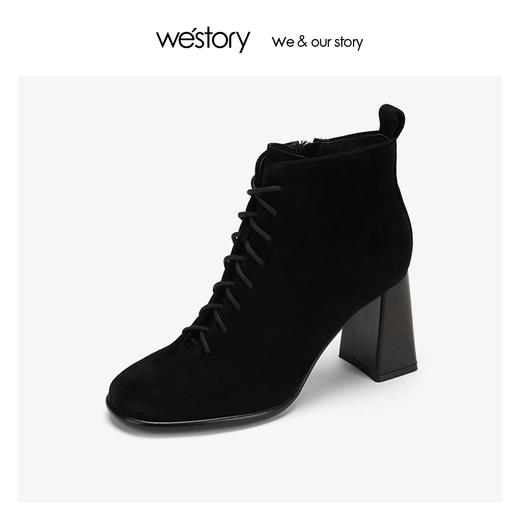 westory方头粗高跟系带真皮短靴女磨砂翻毛 2019冬新款W29DS80371 商品图3