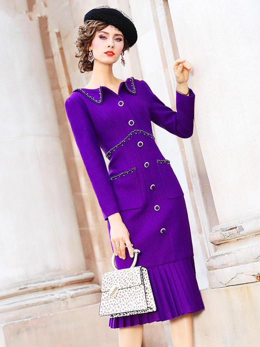FMY-27266新款小翻领钉珠修身中长紫色裙 商品图0