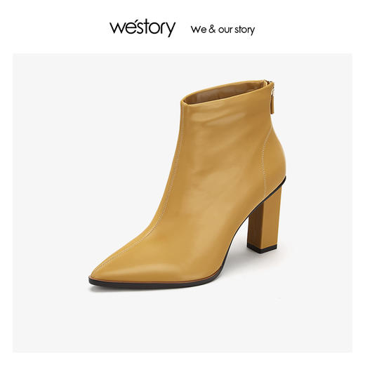 westory牛皮尖头粗跟时尚短靴女高跟鞋 2019年冬季新款W29DS80491 商品图1