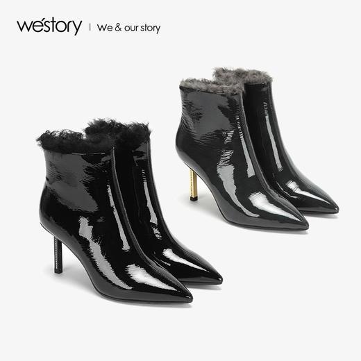 westory2018年冬季新款皮面靴子尖头短筒女靴高跟鞋W284S80991 商品图3