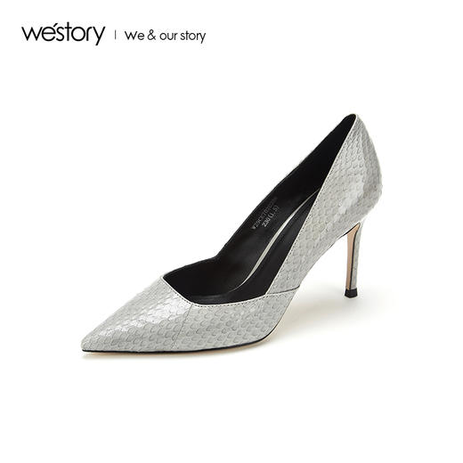 westory2019夏秋款新品蛇皮尖头高跟鞋女细跟西式婚鞋W29CE70202 商品图1