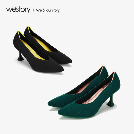 westory2019秋季新品时尚拼色尖头高跟单鞋女简约通勤W29CE70441 商品图3