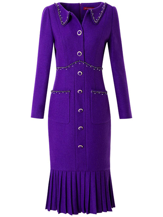 FMY-27266新款小翻领钉珠修身中长紫色裙 商品图1