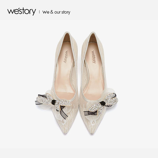 westory2019春夏新款蕾丝尖头女鞋中跟蝴蝶结优雅单鞋W29AE50861 商品图1