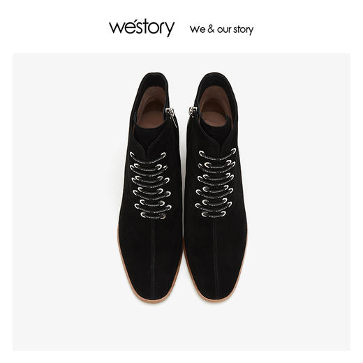 westory绑带时装真皮短靴女高粗跟鞋尖头 2019冬季新品W29DS80581 商品图1