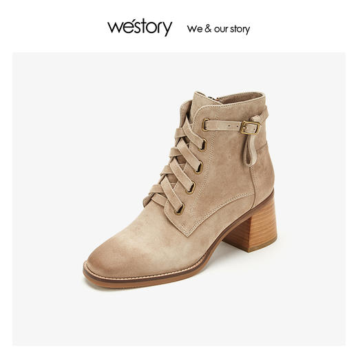 westory显瘦系带粗高跟时尚马订靴女靴 2019年冬季新款W29DS80501 商品图3