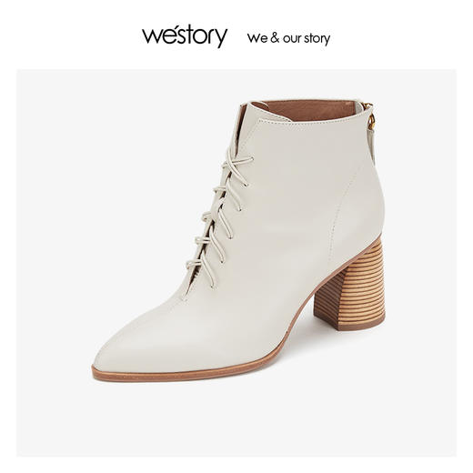 westory时装高跟鞋真皮短靴女系带粗跟尖头 2019冬新款W29DS80471 商品图3