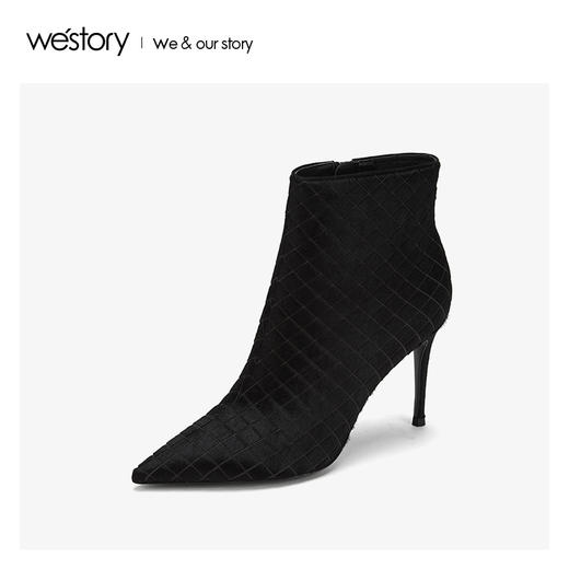westory时装条纹细超高跟短靴真皮时尚女鞋2019冬新款W29DS80561 商品图3