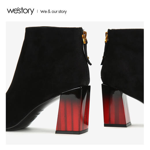 westory2018年冬季新款短靴粗跟绒面尖头靴子女W284S80901 商品图2