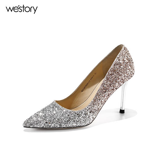 westory2019新款尖头亮片高跟鞋女细跟水钻西式婚鞋W29AE70208 商品图0