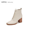 westory羊皮冬靴女2019秋冬新款粗跟短靴方头舒适百搭W29DS80261 商品缩略图2
