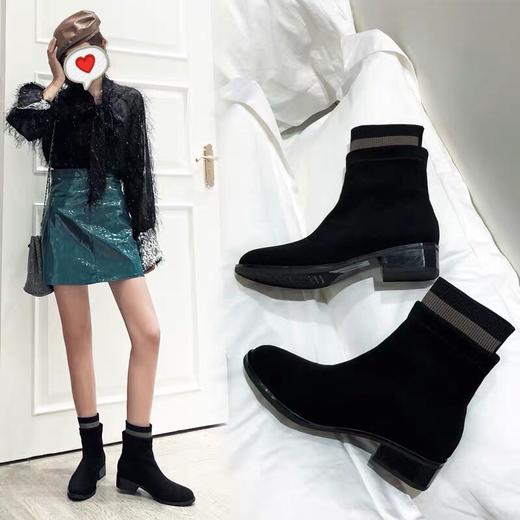 westory切尔西靴2019秋冬粗跟拼接时尚时髦圆头靴子女S29DS80681 商品图0