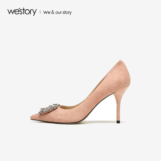westory2019春夏水晶方形扣尖头高跟鞋女简约时尚女鞋W29AE50321 商品图2