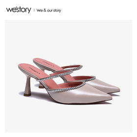 westory2020春季新款尖头钻链皮质凉拖鞋女细跟穆勒鞋W20AH51231