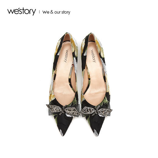 westory2019春季新款优雅尖头高跟女鞋水晶蝴蝶结细跟W29AE50511 商品图1