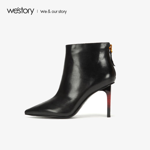 westory2018年尖头皮面短靴高跟粗跟靴子女新款冬靴W284S80921 商品图2