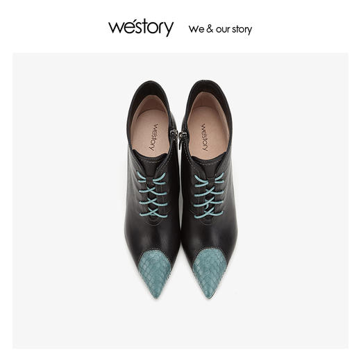 westory牛蛇皮拼接细高跟短靴女系带侧拉链冬新款80551 商品图1