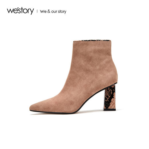 westory2019秋冬新品蛇纹尖头绒面粗跟短筒靴女显瘦W29DS80111 商品图2