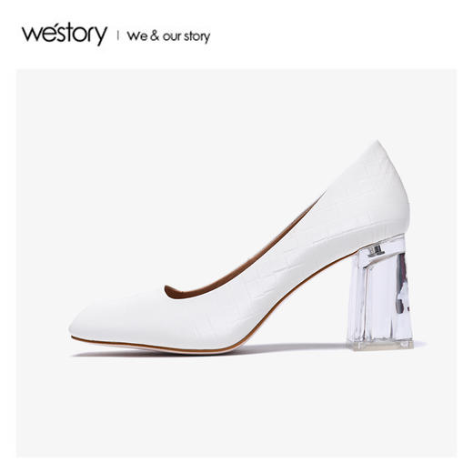 westory2020春季新款方头浅口编织纹牛皮方跟鞋女W20AE51131 商品图2
