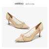 westory2019夏季蕾丝尖头高跟鞋女蝴蝶结细跟波点裸色W29BH60461 商品缩略图3