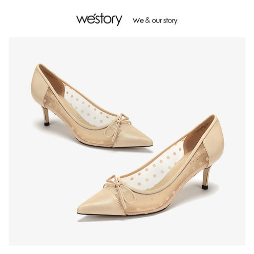 westory2019夏季蕾丝尖头高跟鞋女蝴蝶结细跟波点裸色W29BH60461 商品图3