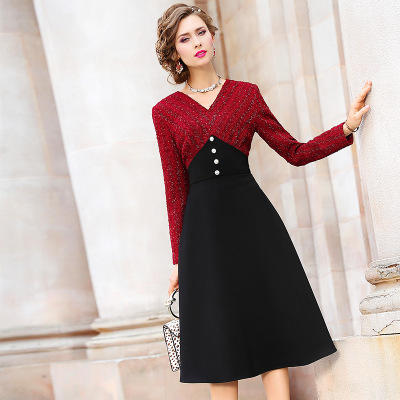 FMY-28064新款V领气质高腰修身拼接中长裙 商品图0