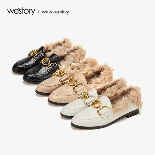 westory2019秋季新品金属环蛇纹羊毛卷休闲懒人单靴女W29CM70031 商品图3
