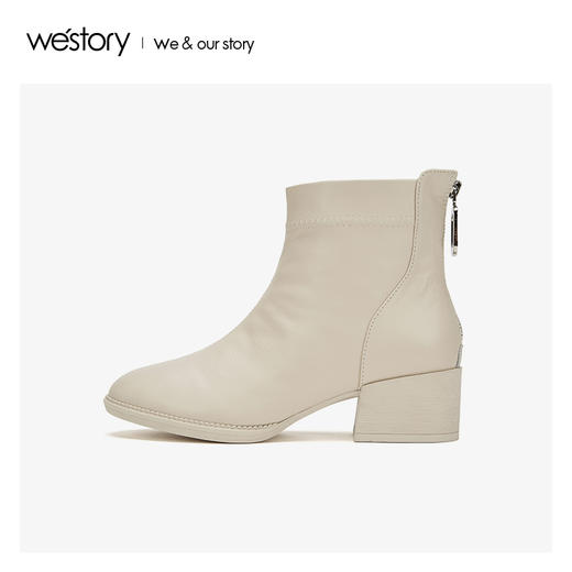 westory粗跟后拉链短筒靴子女真皮圆头款2019年冬新品S29DS80791 商品图2