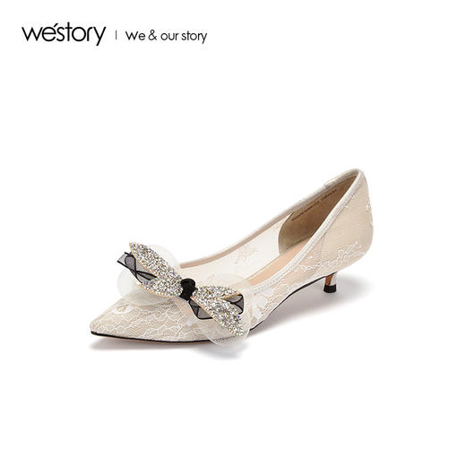 westory2019春夏新款蕾丝尖头女鞋中跟蝴蝶结优雅单鞋W29AE50861 商品图0