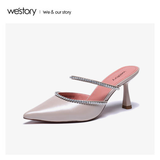 westory2020春季新款尖头钻链皮质凉拖鞋女细跟穆勒鞋W20AH51231 商品图3