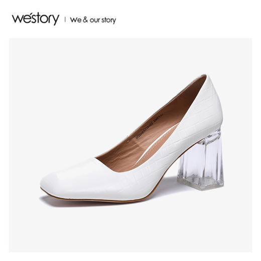 westory2020春季新款方头浅口编织纹牛皮方跟鞋女W20AE51131 商品图1