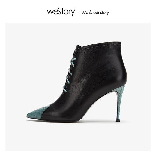 westory牛蛇皮拼接细高跟短靴女系带侧拉链冬新款80551 商品图2