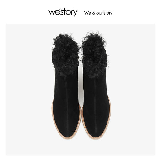 westory加绒保暖时装短靴 羊皮绒里木纹粗跟2019冬新品W29DS80321 商品图1